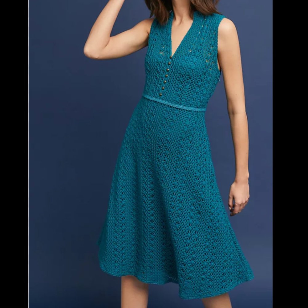 NWT Anthropologie evelyn crochet dress, 2 layers, teal blue, size 00